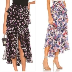 MISA LA Black with Purple Floral Tiered Ruffled HiLow Maxi Skirt